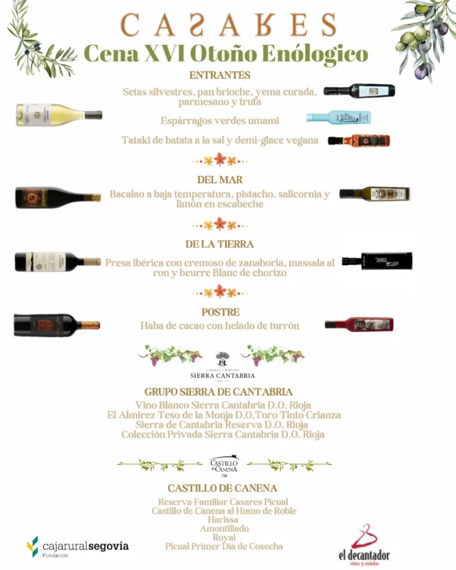 Y hoy llega uno de los eventos más esperados de este otoño....nuestra cena maridaje dentro del XVI Otoño Enólogico junto a @castillodecanena y @vinedosybodegassierracantabria con un menú muy especial elaborado por nuestro equipo de cocina.
Esta noche casi 100 asistentes podrán disfrutar de este menú único.
.
.
#menumariage #disfrutar #segovia #otoñoenologico #otoño #maridaje